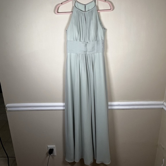 Azazie Bonnie A-Line Keyhole Ruched Chiffon Dress Gown Dusty Sage Sz C Custom - Picture 2 of 10